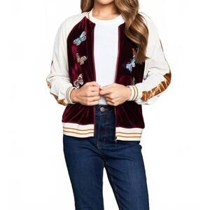 NEW PAPARAZZI embroidered velvet baseball jacket in wine